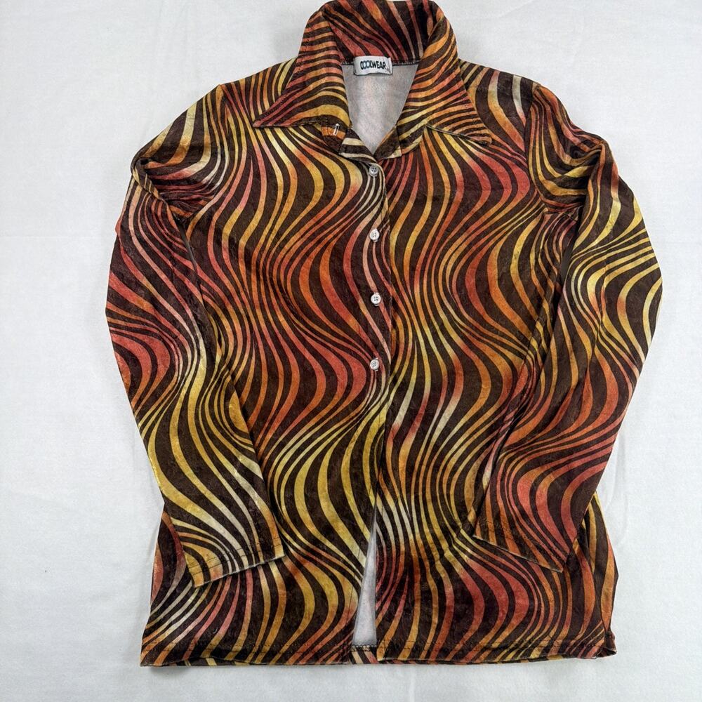 Coolwear Velour Shirt Y2K Velvet 70s Disco Psychedelic Swirl Top XS
